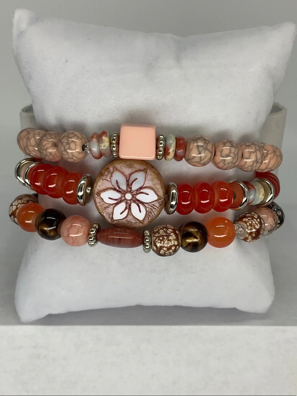 Peach & Red Floral Stack Bracelet Set
